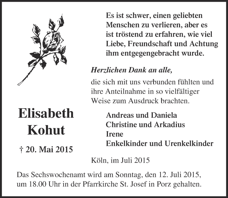  Traueranzeige für Elisabeth Kohut vom 01.07.2015 aus  Kölner Wochenspiegel 