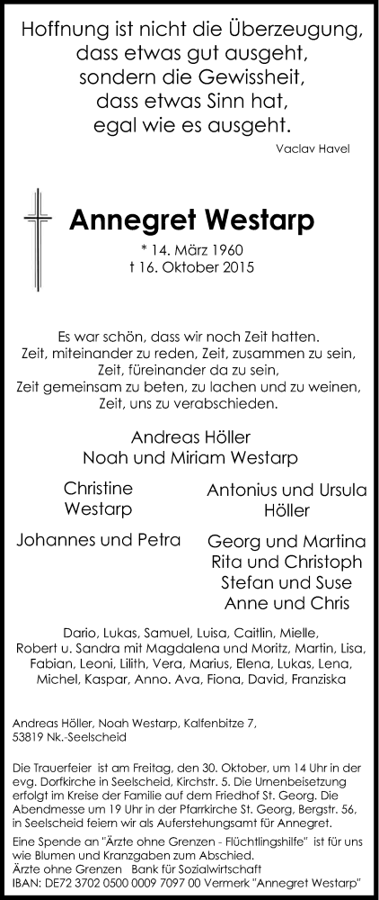  Traueranzeige für Annegret Westarp vom 24.10.2015 aus Kölner Stadt-Anzeiger / Kölnische Rundschau / Express