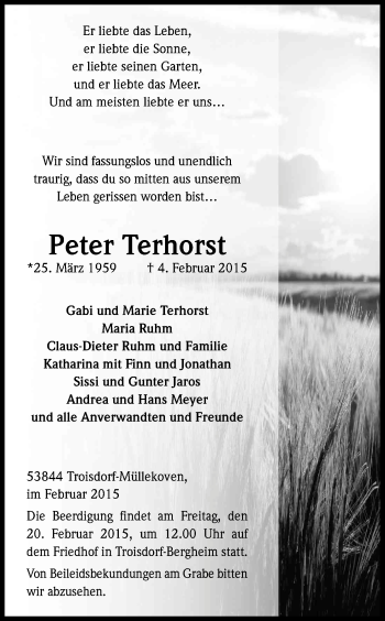 Anzeige von Peter Terhorst von Kölner Stadt-Anzeiger / Kölnische Rundschau / Express