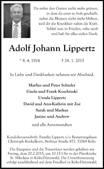 Anzeige von Adolf Johann Lippertz von Kölner Stadt-Anzeiger / Kölnische Rundschau / Express