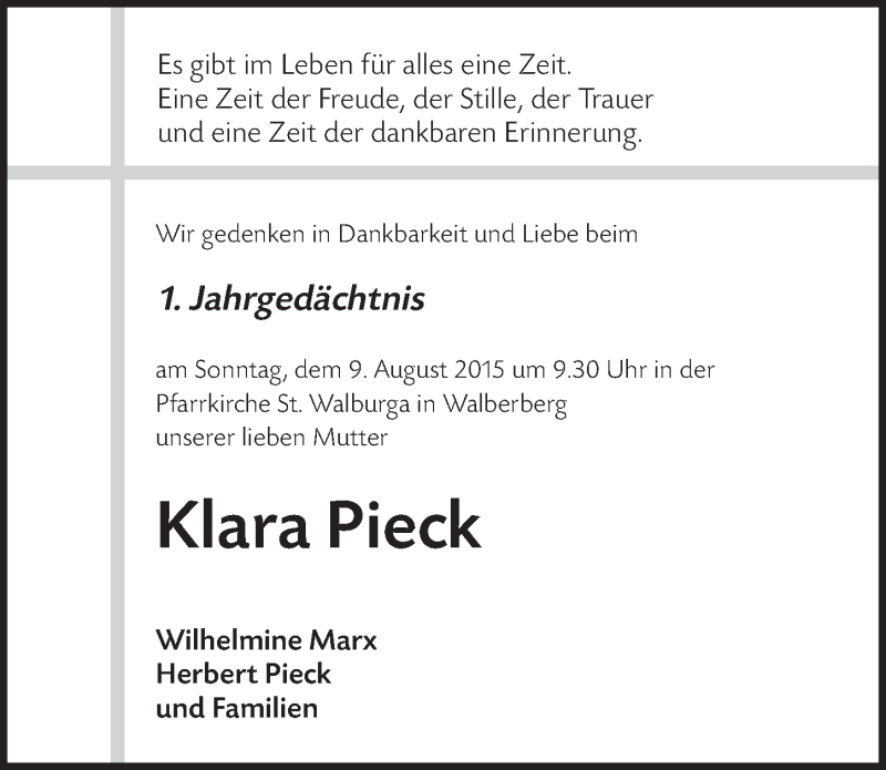  Traueranzeige für Klara Pieck vom 05.08.2015 aus  Schlossbote/Werbekurier 