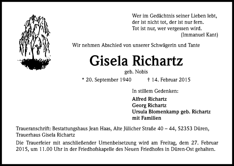 Traueranzeige für Gisela Richartz vom 21.02.2015 aus Kölner Stadt-Anzeiger / Kölnische Rundschau / Express
