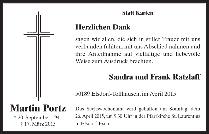  Traueranzeige für Martin Portz vom 22.04.2015 aus  Werbepost 