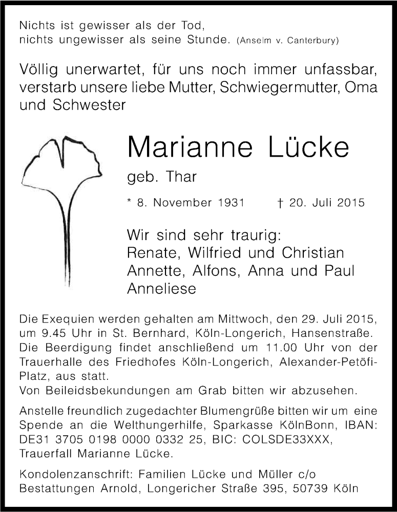  Traueranzeige für Marianne Lücke vom 25.07.2015 aus Kölner Stadt-Anzeiger / Kölnische Rundschau / Express