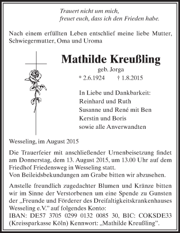 Anzeige von Mathilde Kreußling von  Schlossbote/Werbekurier 