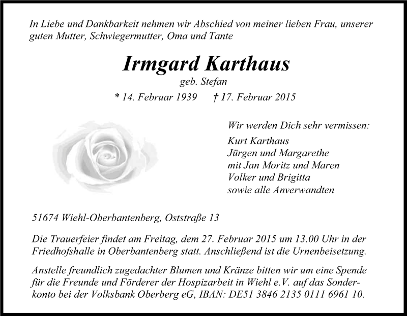  Traueranzeige für Irmgard Karthaus vom 21.02.2015 aus Kölner Stadt-Anzeiger / Kölnische Rundschau / Express