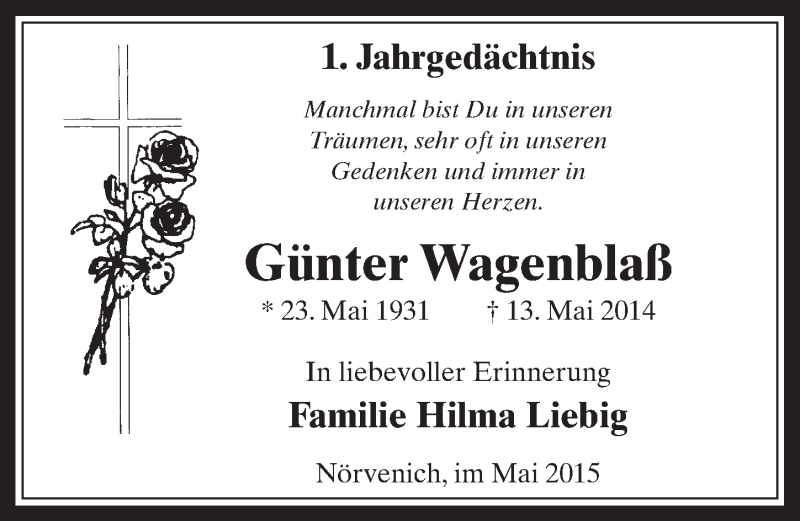  Traueranzeige für Günter Wagenblaß vom 13.05.2015 aus  Werbepost 