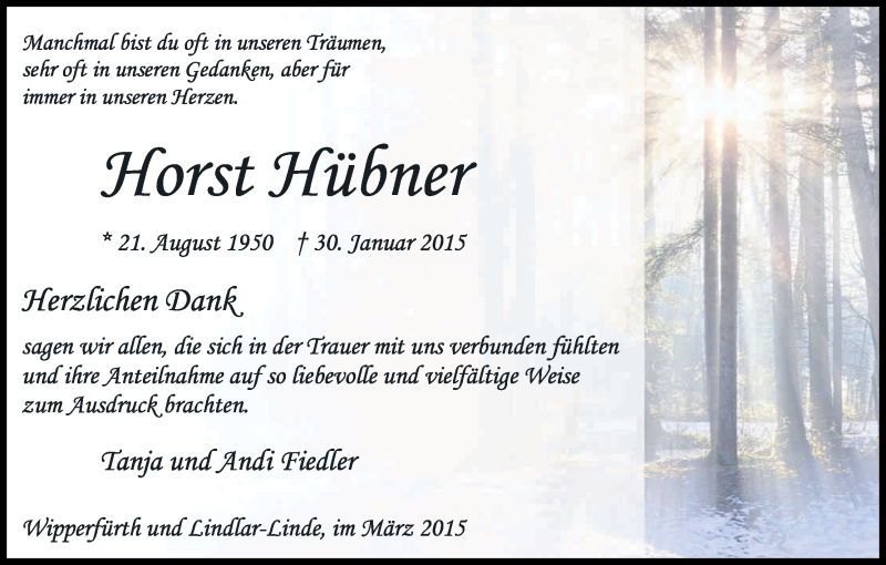  Traueranzeige für Horst Hübner vom 07.03.2015 aus Kölner Stadt-Anzeiger / Kölnische Rundschau / Express