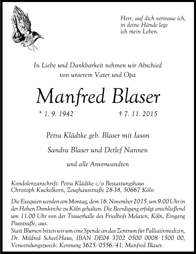  Traueranzeige für Manfred Blaser vom 11.11.2015 aus Kölner Stadt-Anzeiger / Kölnische Rundschau / Express