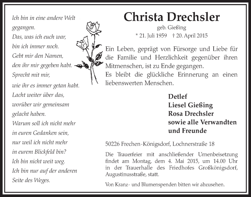  Traueranzeige für Christa Drechsler vom 25.04.2015 aus  Sonntags-Post 