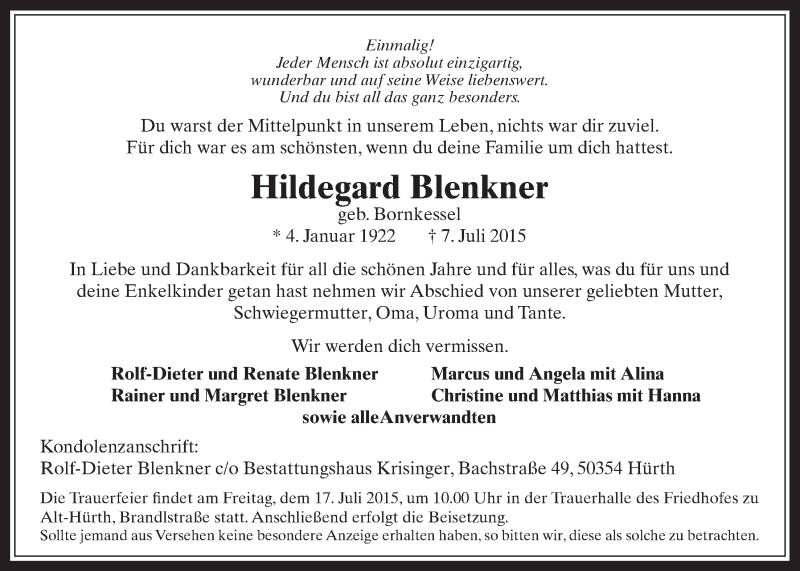  Traueranzeige für Hildegard Blenkner vom 15.07.2015 aus  Wochenende 