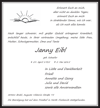 Anzeige von Janny Eibl von  Schlossbote/Werbekurier 