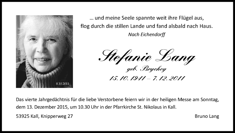  Traueranzeige für Stefanie Lang vom 07.12.2015 aus Kölner Stadt-Anzeiger / Kölnische Rundschau / Express