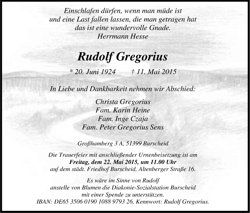  Traueranzeige für Rudolf Gregorius vom 16.05.2015 aus Kölner Stadt-Anzeiger / Kölnische Rundschau / Express