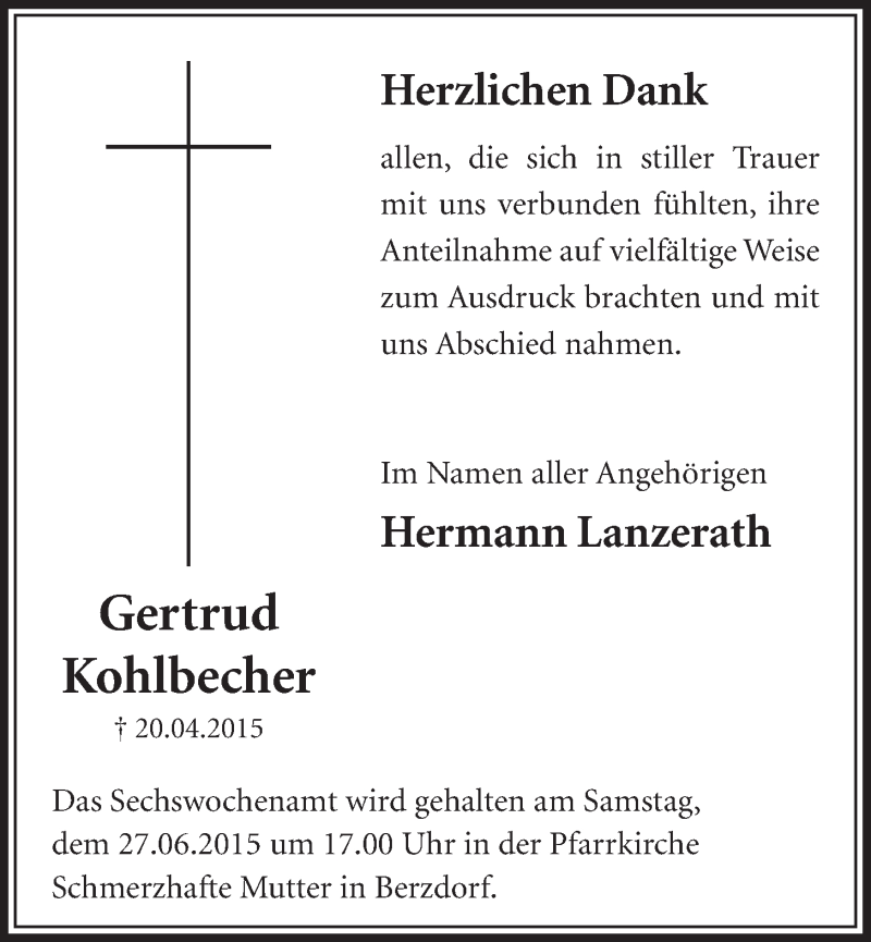  Traueranzeige für Gertrud Kohlbecher vom 17.06.2015 aus  Schlossbote/Werbekurier 