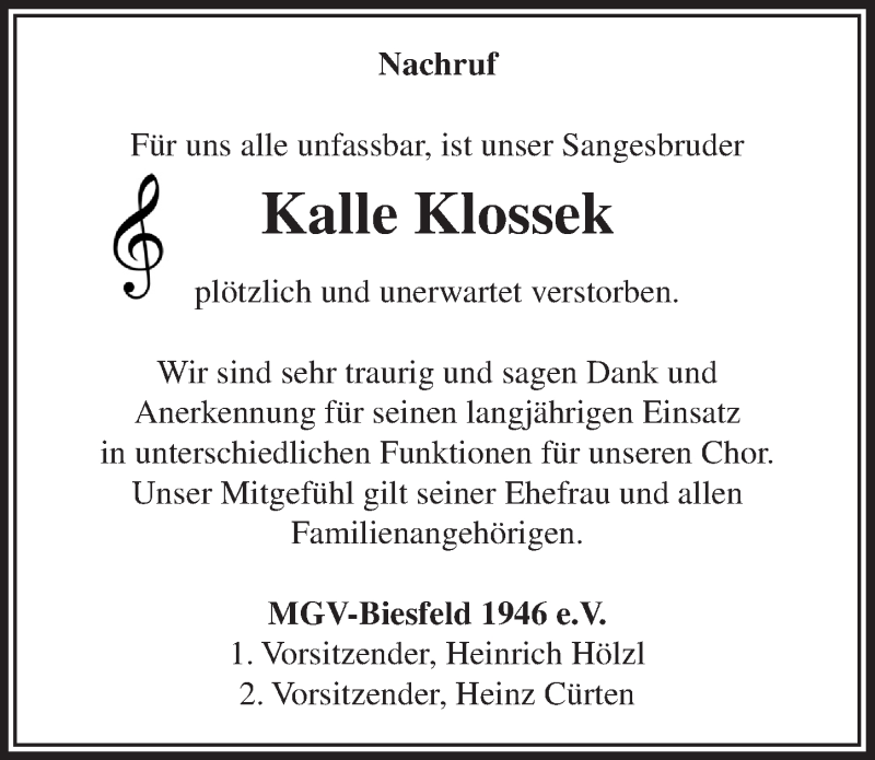  Traueranzeige für Kalle Klossek vom 07.03.2015 aus  Bergisches Sonntagsblatt 
