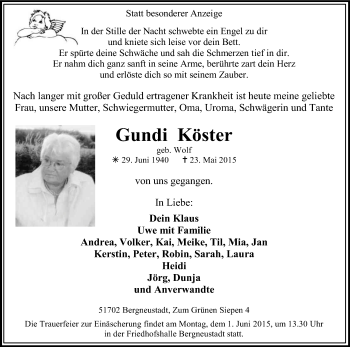 Anzeige von Gundi Köster von Kölner Stadt-Anzeiger / Kölnische Rundschau / Express