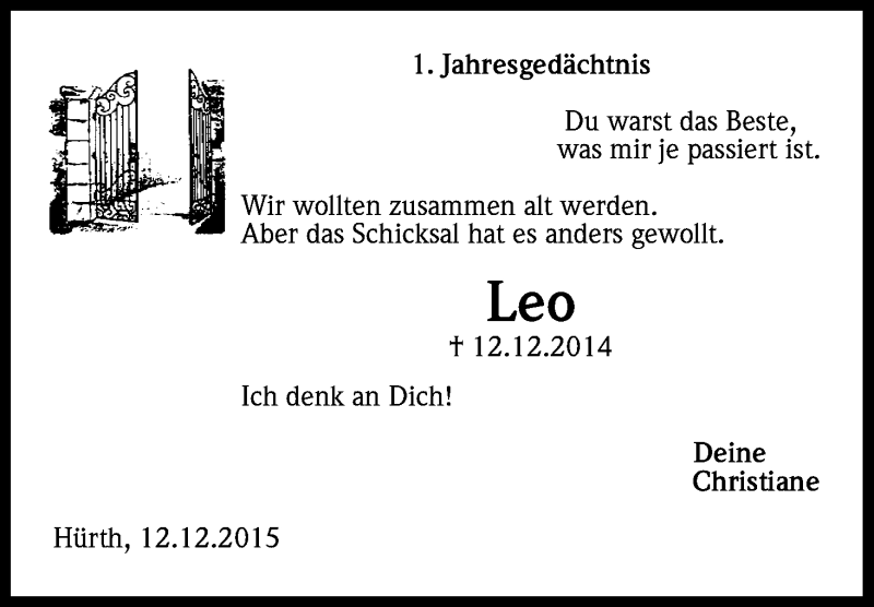  Traueranzeige für Leonhard Knobloch vom 12.12.2015 aus Kölner Stadt-Anzeiger / Kölnische Rundschau / Express