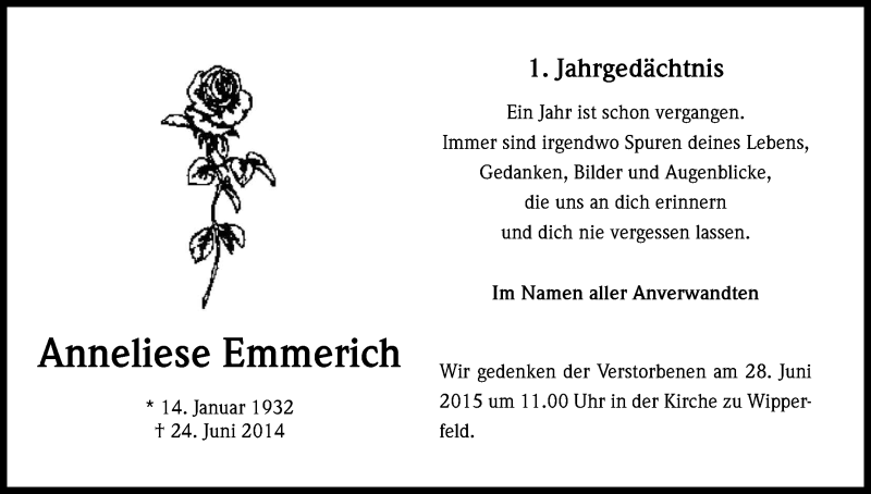  Traueranzeige für Anneliese Emmerich vom 20.06.2015 aus Kölner Stadt-Anzeiger / Kölnische Rundschau / Express