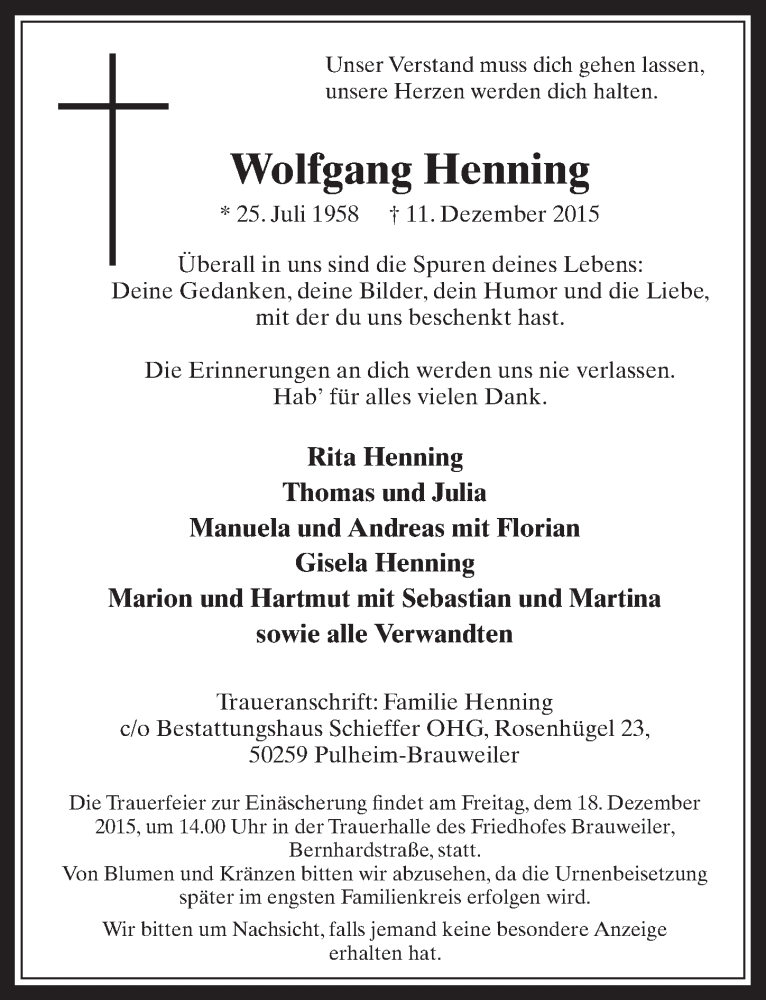  Traueranzeige für Wolfgang Henning vom 16.12.2015 aus  Wochenende 