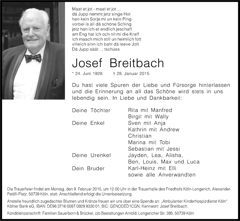  Traueranzeige für Josef Breitbach vom 04.02.2015 aus Kölner Stadt-Anzeiger / Kölnische Rundschau / Express