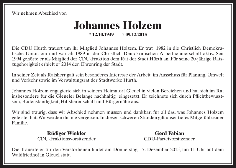  Traueranzeige für Johannes Holzem vom 16.12.2015 aus  Wochenende 