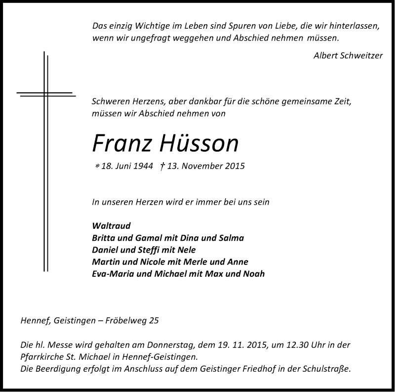  Traueranzeige für Franz Hüsson vom 17.11.2015 aus Kölner Stadt-Anzeiger / Kölnische Rundschau / Express