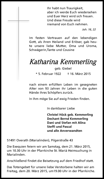 Anzeige von Katharina Kemmerling von Kölner Stadt-Anzeiger / Kölnische Rundschau / Express