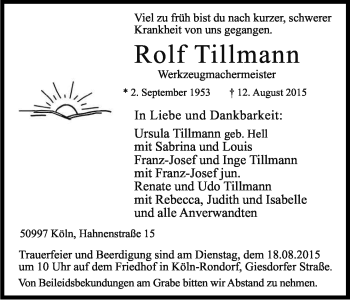 Anzeige von Rolf Tillmann von Kölner Stadt-Anzeiger / Kölnische Rundschau / Express