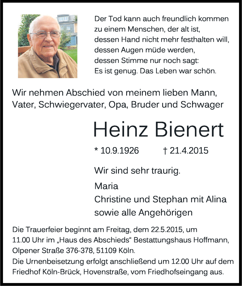 Traueranzeige für Heinz Bienert vom 09.05.2015 aus Kölner Stadt-Anzeiger / Kölnische Rundschau / Express