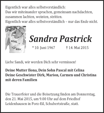 Anzeige von Sandra Pastrick von  Kölner Wochenspiegel 
