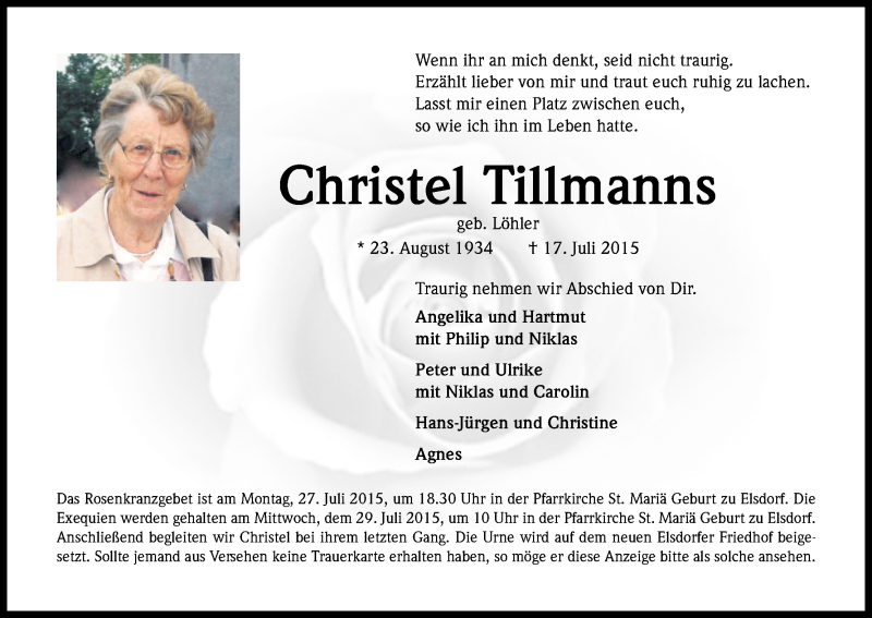  Traueranzeige für Christel Tillmanns vom 25.07.2015 aus Kölner Stadt-Anzeiger / Kölnische Rundschau / Express