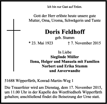 Anzeige von Doris Feldhoff von Kölner Stadt-Anzeiger / Kölnische Rundschau / Express