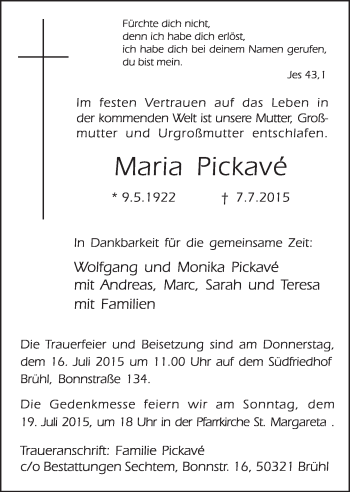 Anzeige von Maria Pickavé von  Schlossbote/Werbekurier 