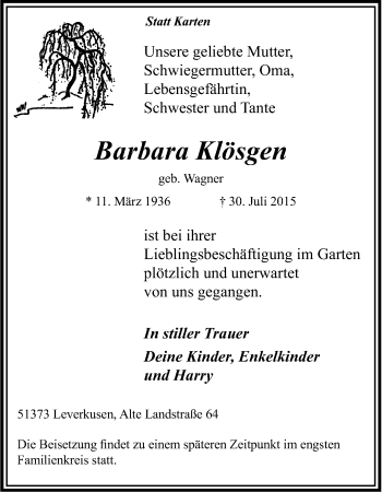 Anzeige von Barbara Klösgen von Kölner Stadt-Anzeiger / Kölnische Rundschau / Express