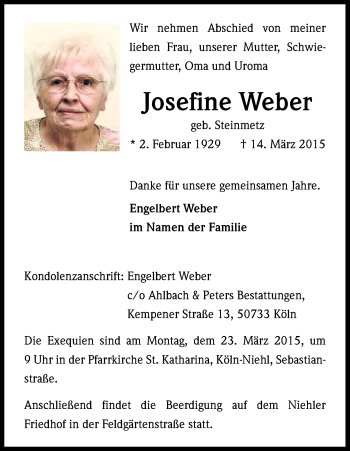 Anzeige von Josefine Weber von Kölner Stadt-Anzeiger / Kölnische Rundschau / Express