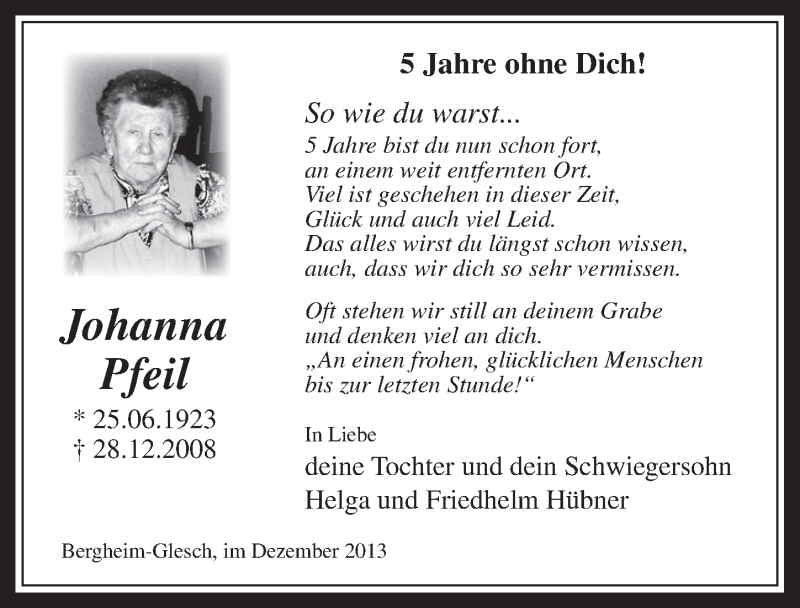  Traueranzeige für Johanna Pfeil vom 24.12.2013 aus Werbepost 