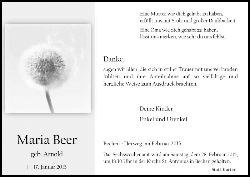 Traueranzeige für Maria Beer vom 21.02.2015 aus Kölner Stadt-Anzeiger / Kölnische Rundschau / Express