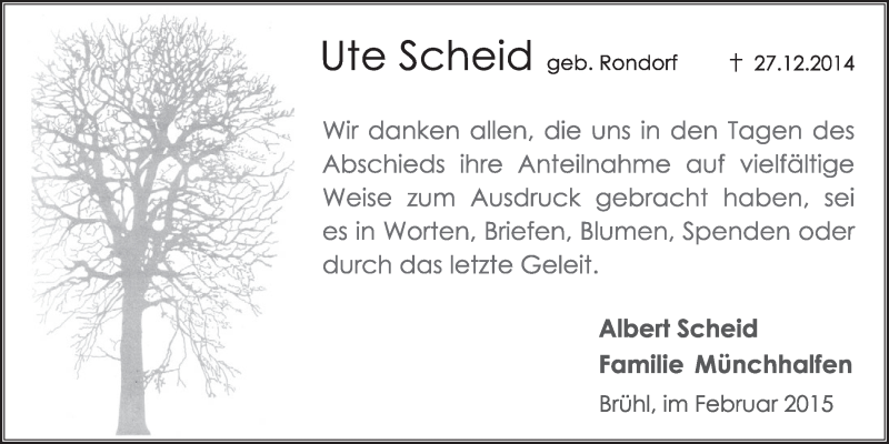  Traueranzeige für Ute Scheid vom 04.02.2015 aus  Schlossbote/Werbekurier 