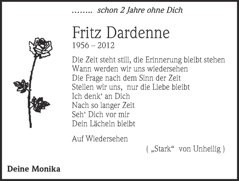  Traueranzeige für Fritz Dardenne vom 26.01.2014 aus  Blickpunkt Euskirchen 