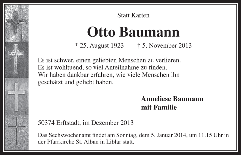  Traueranzeige für Otto Baumann vom 31.12.2013 aus Werbepost 