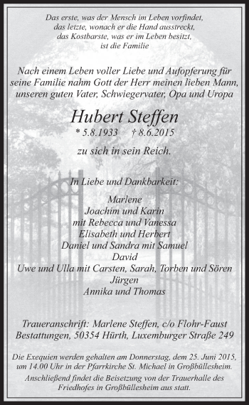 Anzeige von Hubert Steffen von  Blickpunkt Euskirchen 