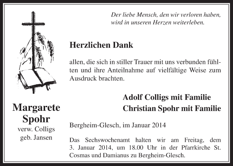  Traueranzeige für Margarete Spohr vom 31.12.2013 aus Werbepost 