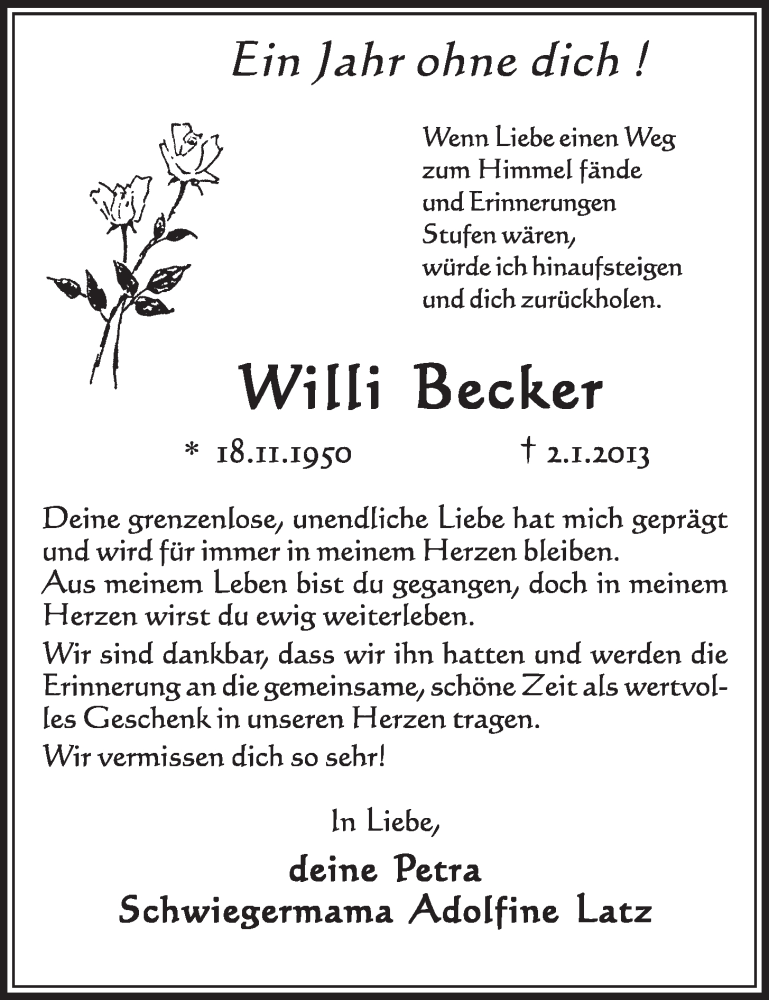  Traueranzeige für Willi Becker vom 31.12.2013 aus Schlossbote/Werbekurier 