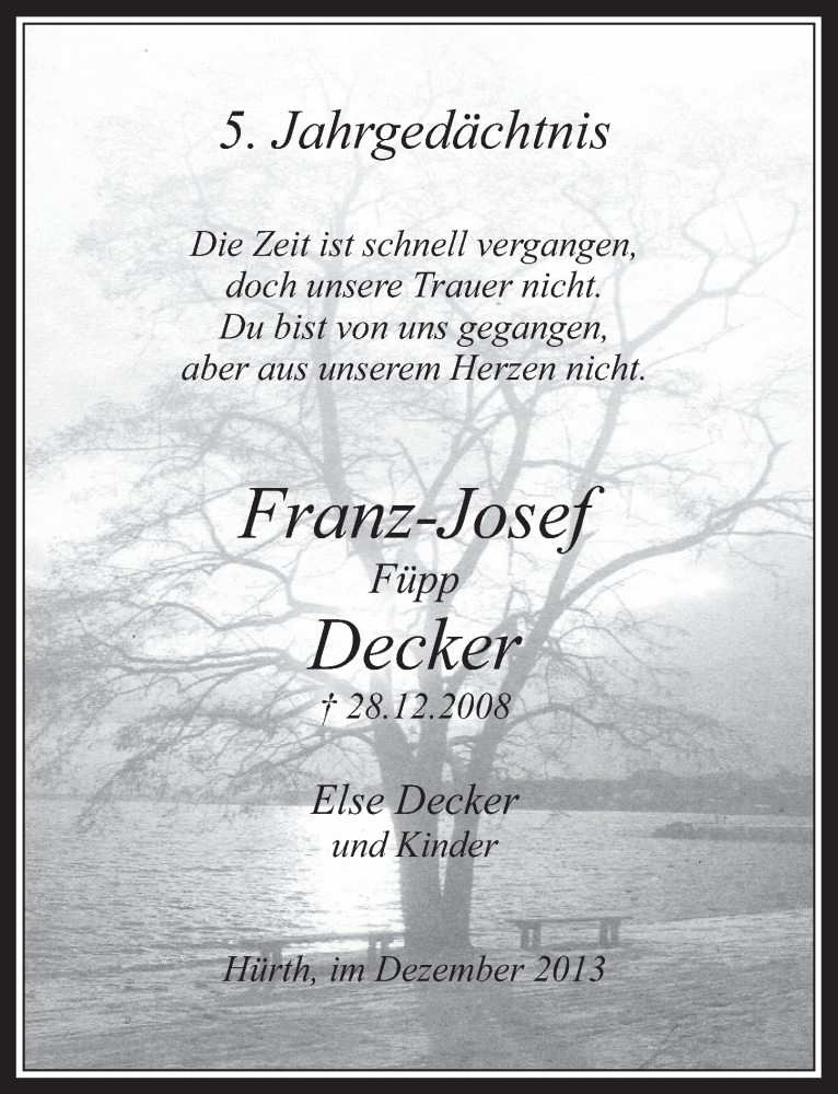  Traueranzeige für Franz-Josef Decker vom 31.12.2013 aus Wochenende 
