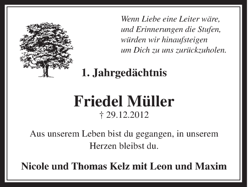  Traueranzeige für Friedel Müller vom 24.12.2013 aus Schaufenster/Blickpunkt 