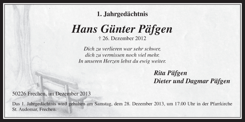  Traueranzeige für Hans Günter Päfgen vom 24.12.2013 aus Wochenende 