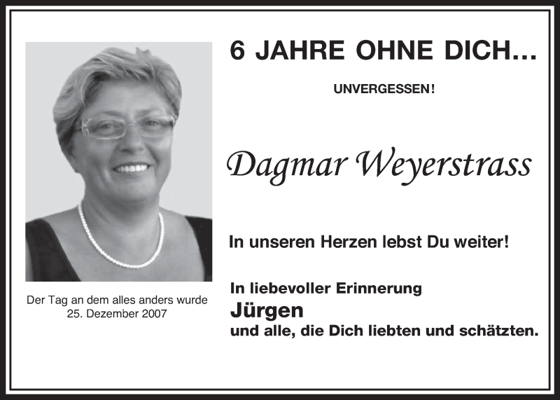  Traueranzeige für Dagmar Weyerstrass vom 21.12.2013 aus Sonntags-Post