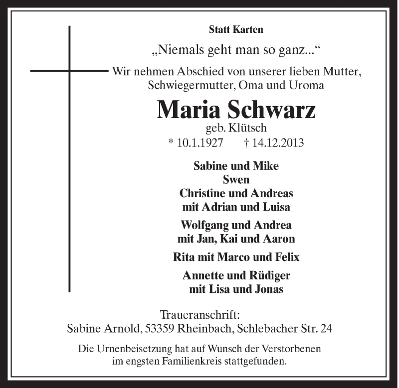  Traueranzeige für Maria Schwarz vom 24.12.2013 aus Schaufenster/Blickpunkt 