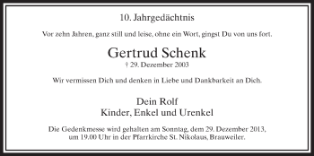 Anzeige von Gertrud Schenk von Sonntags-Post